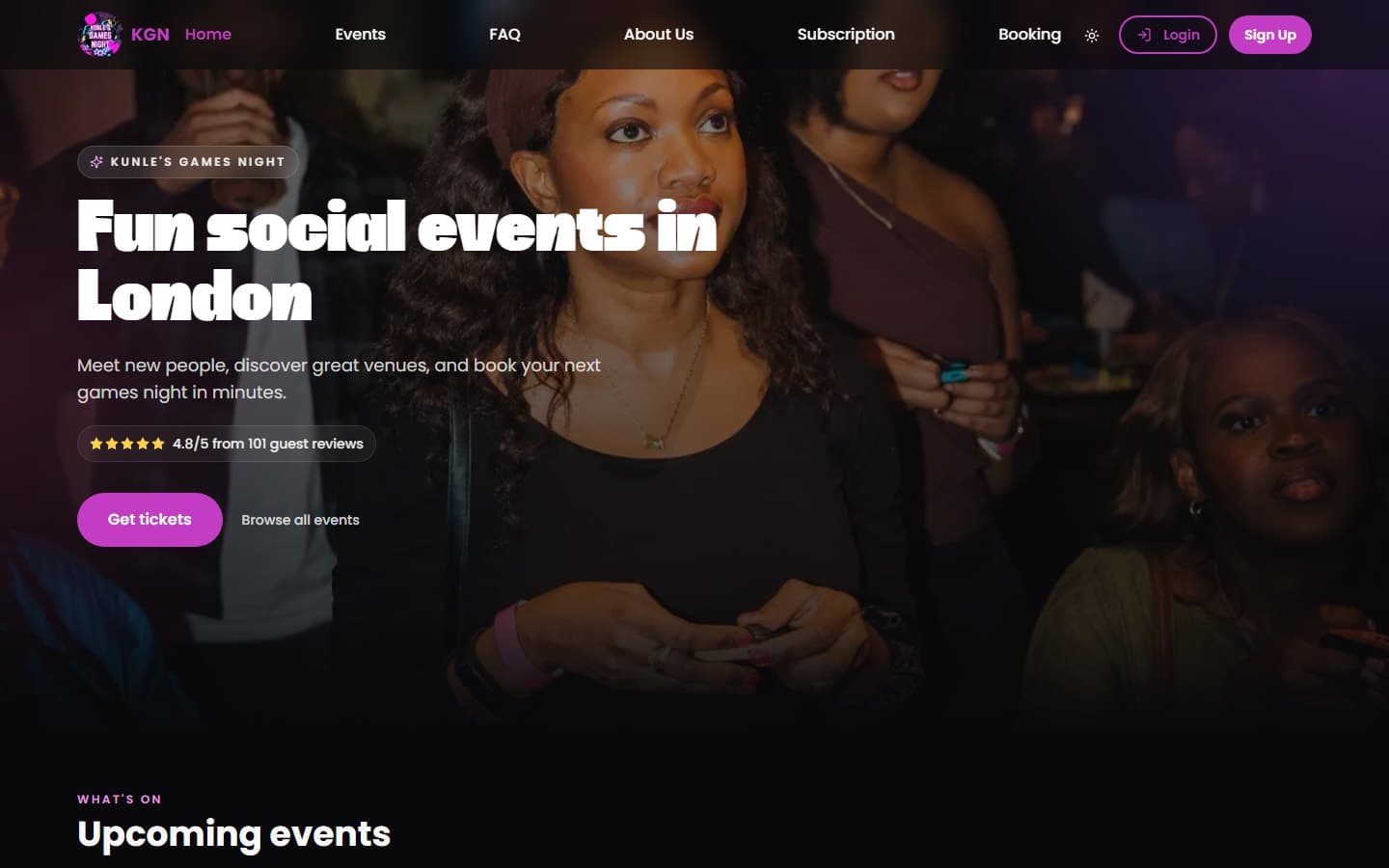 Kunle's Games Night homepage with the London events hero and booking calls to action